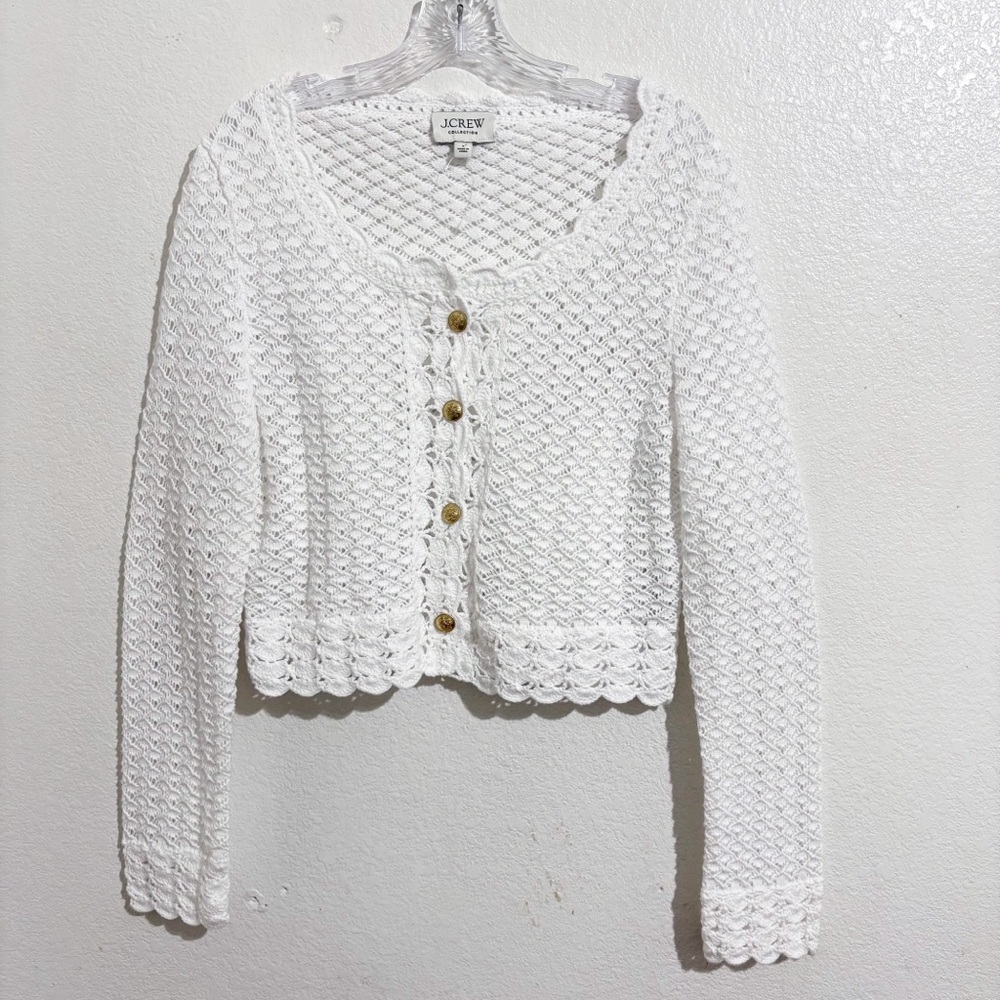 J. Crew Collection Crochet Knit Cropped‎ Cardigan Sweater in White - Picture 2 of 7